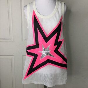 MRZ White Mesh Scoop Tank Top with Neon Pink and Silver Star Size Small
